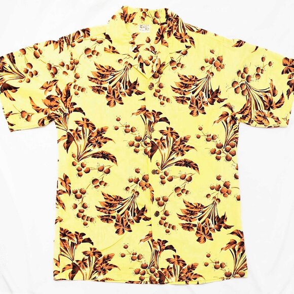 Holo Holo Mens Vintage Hawaiian Shirt Yellow Brown Floral Cotton Loop Collar L